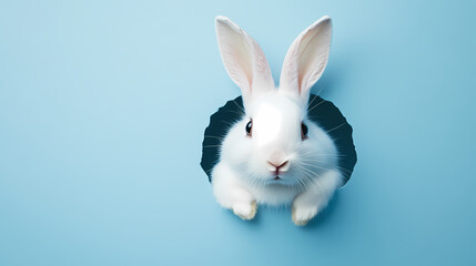 Obraz premium Cute Rabbit Peeks Through a Hole in Pale Blue Cardboard