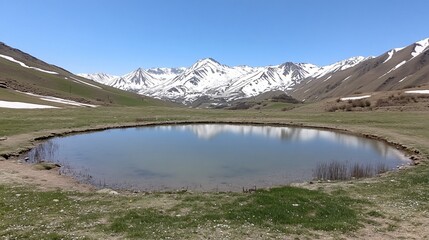 Mountain lake reflects snowy peaks, spring pasture