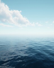 Fototapeta premium A vast, calm sea under the blue sky, with a white cloud in sky. The water is deep and serene, reflecting the clear sky above it. 