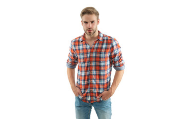 Stylish man with hairstyle. Trendy fashion style. Male casual style. Caucasian casual guy. Handsome and young guy model. Male model. Man in checkered shirt isolated on white. Stylish everyday wear