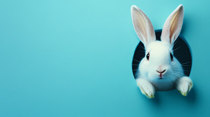 Obraz premium Cute Rabbit Peeking Out of a Hole Against a Blue Background