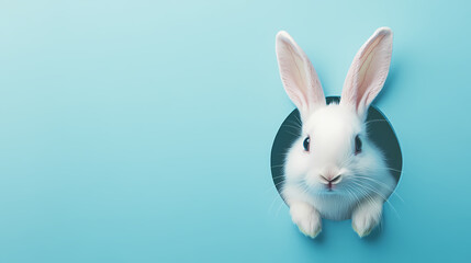 Obraz premium Cute Bunny Peeking Out of a Hole in Blue Background
