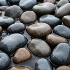 A close-up background of smooth, rounded river stones in shades of gray and earthy brown