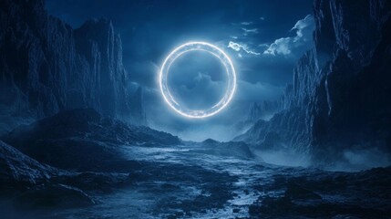 Fototapeta premium supernatural energy portal amidst craggy cliffs, circular light phenomenon, moonlit rocky terrain, cyberpunk aesthetics, moody landscape, photorealistic details, volumetric lighting, cinematic