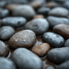 A close-up background of smooth, rounded river stones in shades of gray and earthy brown