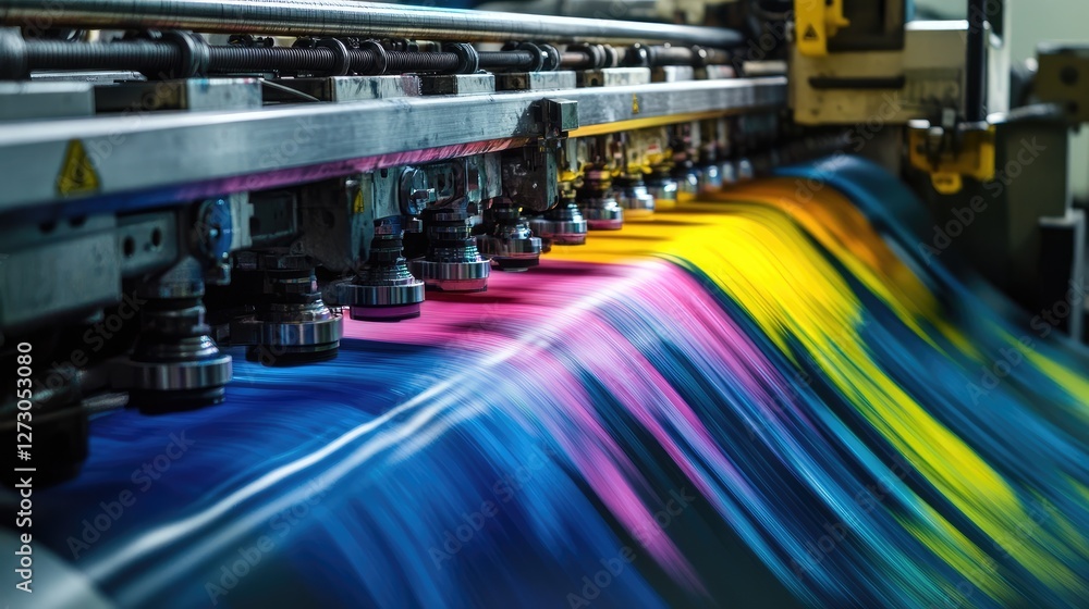 Poster An industrial color printing process with vibrant ink flowing through machinery, emphasizing the innovation and technology of modern printing methods.