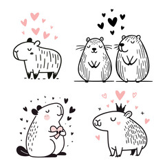 Cute vector illustrations of animals capybaras expressing love through doodle and cartoon art style