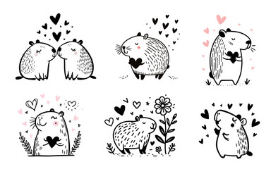 A set of six black and white drawings of animals capybaras with hearts