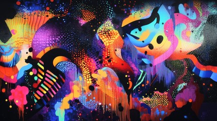 An urban alley with neon graffiti, glowing under fluorescent lights, highlighting the dynamic and colorful street art culture of modern cities.