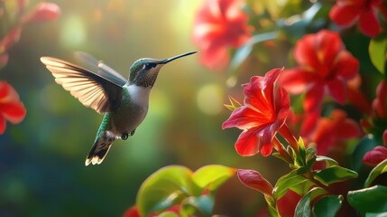 Fototapeta premium Anna hummingbird hovering in front of a red Mandevilla bloom, capturing the essence of nature and the delicate balance of pollination.