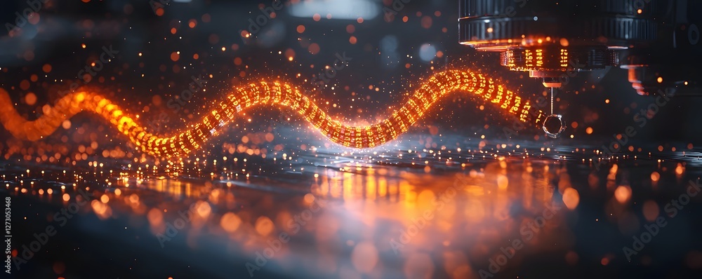 Poster futuristic device inserting glowing data sequences into digital dna strand in sleek laboratory setti