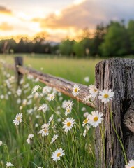 A wooden fence stands in the foreground, behind it an endless green meadow with white flowers blooming, upon which a beautiful sunset is visible. 
