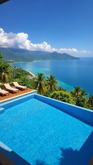 Fototapeta premium Swimming pool overlooking view andaman sea mountains and blue sky background,summer holiday background concept