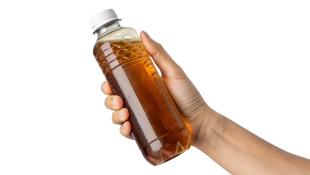 hand holding bottle of tea isolated on white
