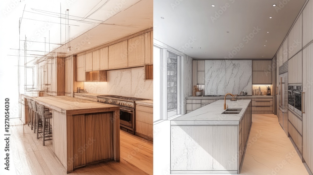Poster Before-and-after slider comparing a pencil design sketch of a kitchen with the completed custom kitchen, showcasing detailed craftsmanship and modern design.