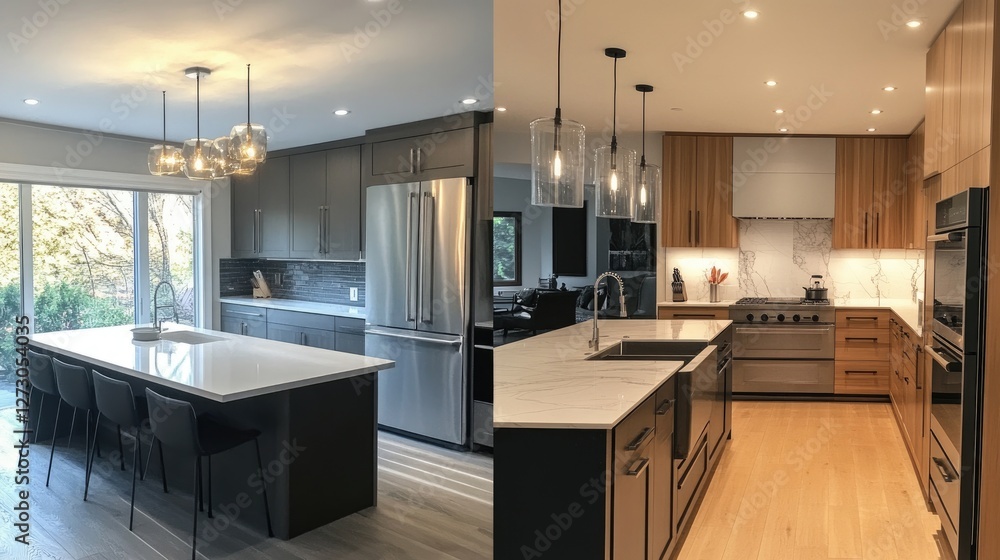 Poster Before-and-after slider comparing a pencil design sketch of a kitchen with the completed custom kitchen, showcasing detailed craftsmanship and modern design.
