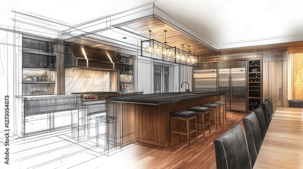 Poster Before-and-after slider comparing a pencil design sketch of a kitchen with the completed custom kitchen, showcasing detailed craftsmanship and modern design.