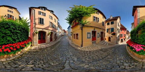Full 360 degrees seamless spherical panorama HDRI equirectangular projection of An idyllic small town. Texture environment map for lighting and reflection source rendering 3d scenes.