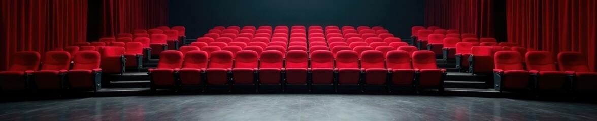 Fototapeta premium Empty red theater seats on a gray stage floor, floor, stage, flat
