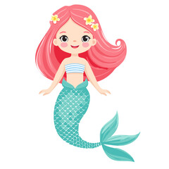 Obraz premium Cute mermaid vector illustration in cartoon style. Childish image of girl character living in the sea. Adorable print for clothes and design