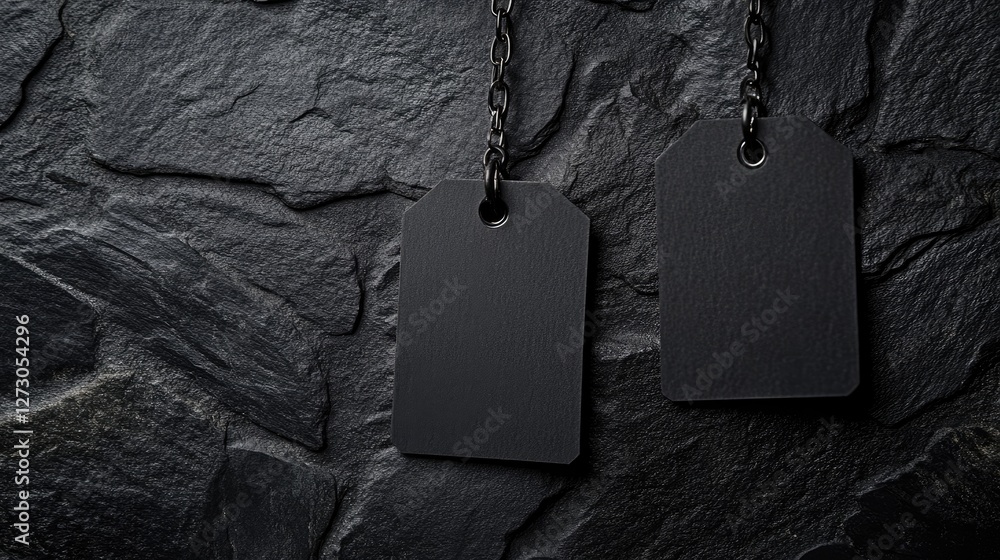 Poster blank black square tags hanging from a chain against a dark stone background, ideal for showcasing c