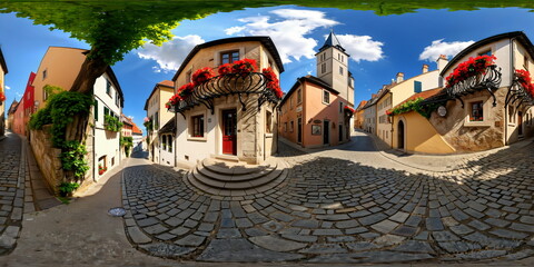 Full 360 degrees seamless spherical panorama HDRI equirectangular projection of An idyllic small town. Texture environment map for lighting and reflection source rendering 3d scenes.