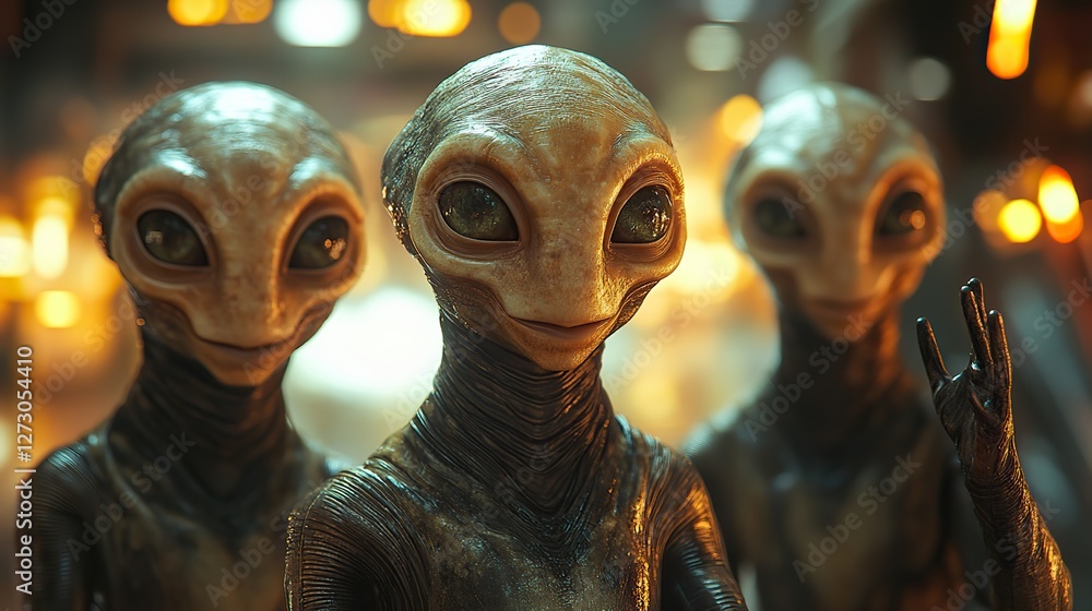 Poster smiling aliens waving greeting in futuristic arrival scene with transparent png background for sci fi and fantasy design projects