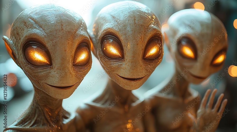 Poster smiling aliens waving greeting in futuristic arrival scene with transparent png background for sci f