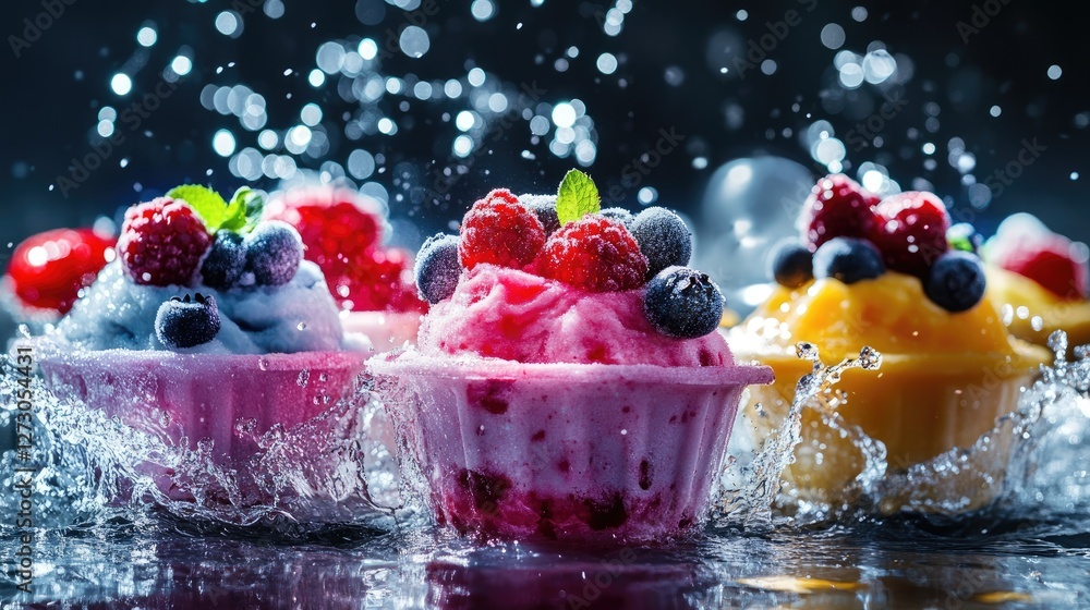 Poster Bright and colorful frozen desserts with mixed berries, set against a backdrop of splashing water, showcasing a refreshing and appetizing scene.