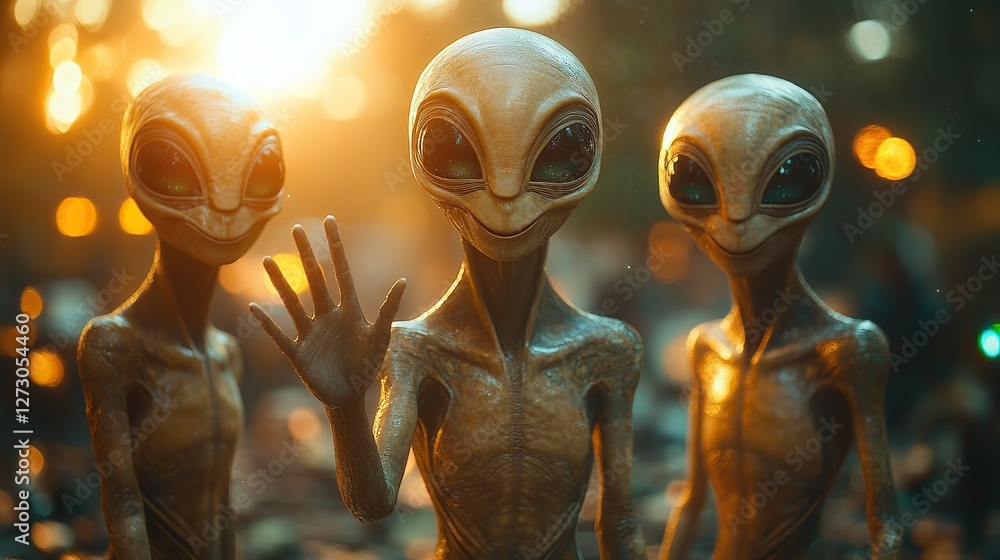 Poster smiling aliens waving greeting in futuristic arrival scene with transparent png background for sci fi and fantasy design projects