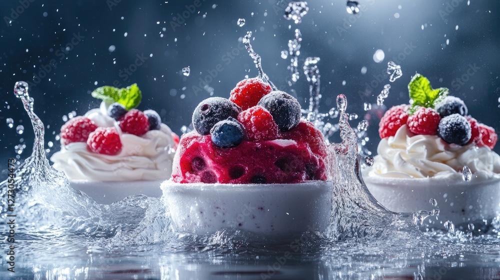 Poster Bright and colorful frozen desserts with mixed berries, set against a backdrop of splashing water, showcasing a refreshing and appetizing scene.