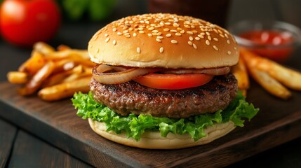Juicy burger with lettuce, tomato, and onions served with crispy fries in a rustic setting