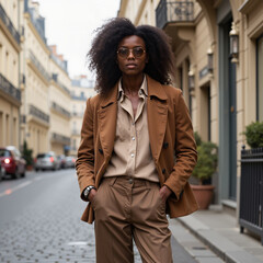 Fototapeta premium Portrait of a young African American woman in a brown suit against the backdrop of a Paris street. AI generation