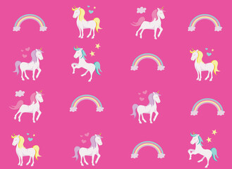 Cute unicorns on pink background, flat illustration