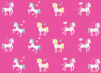 Cute unicorns on pink background, flat illustration