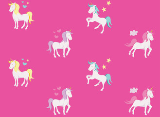 Cute unicorns on pink background, flat illustration