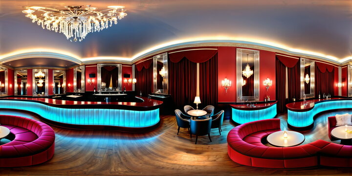 Full 360 degrees seamless spherical panorama HDRI equirectangular projection of glamorous vintage restaurant nightclub. Texture environment map for lighting and reflection source rendering 3d scenes.