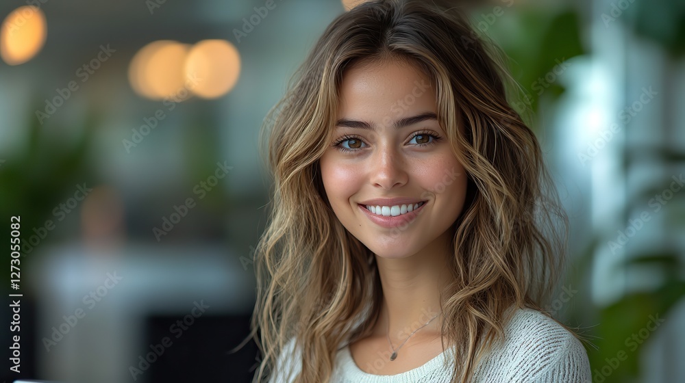 Poster smiling customer service representative efficiently managing client queries on laptop in modern offi