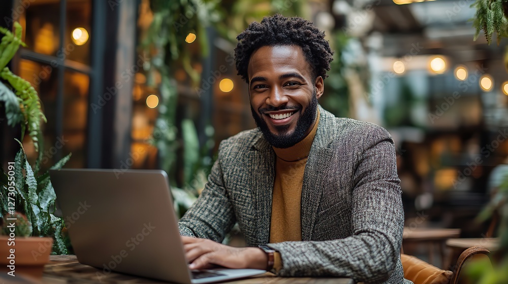 Poster smiling customer service representative efficiently managing client queries on laptop in modern offi