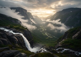 Waterfall Cascading Through Mountain Valley with Mist and Cloudy Sky