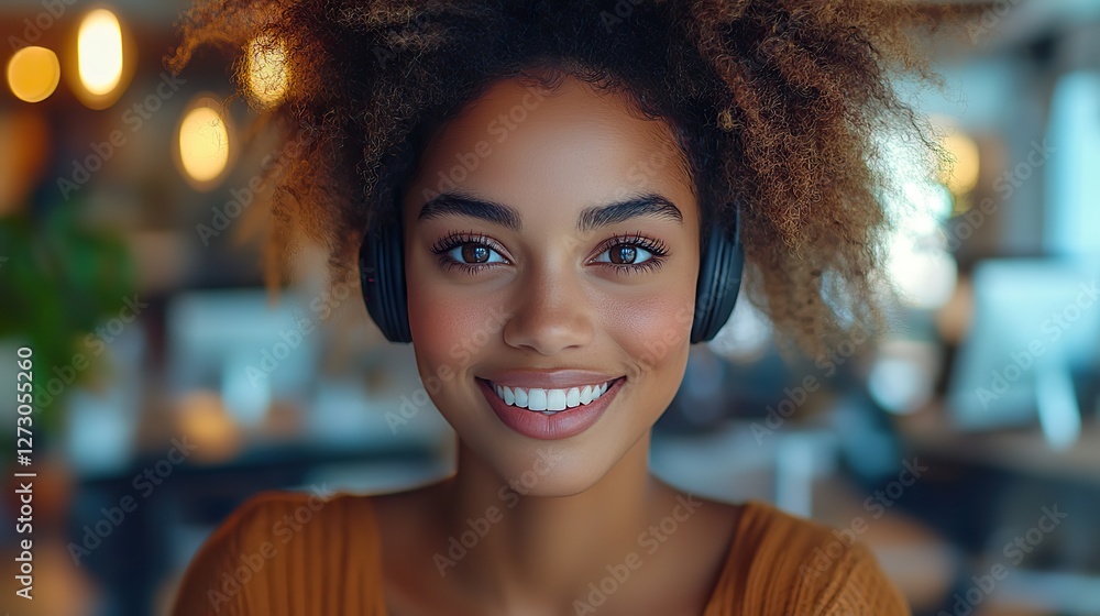 Poster smiling customer service representative with an afro hairstyle providing professional support while 