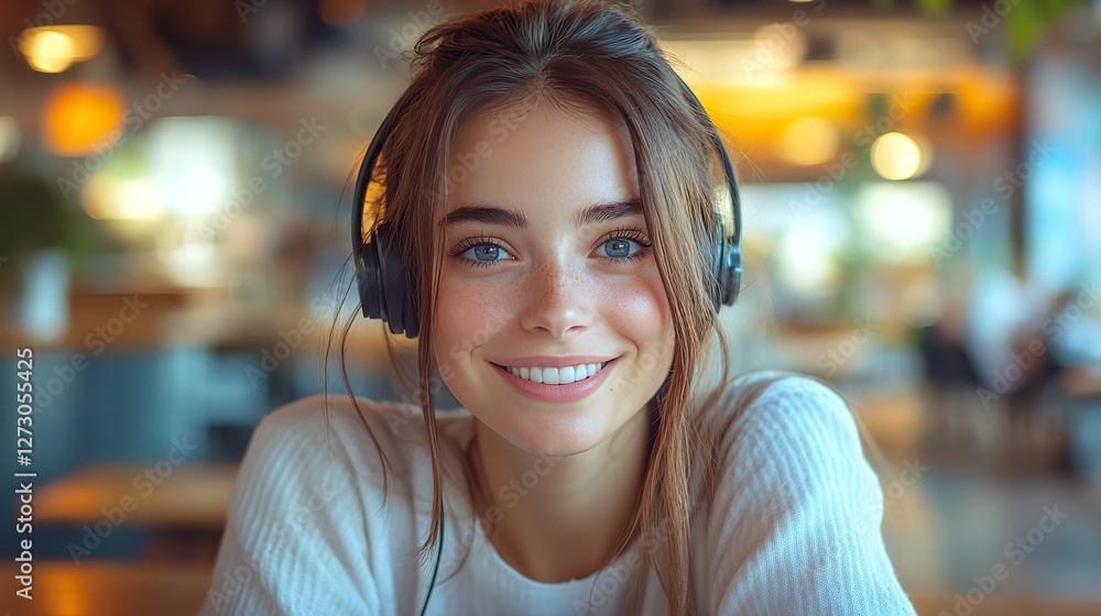 Poster smiling female customer service representative engaging in a professional call through headset while