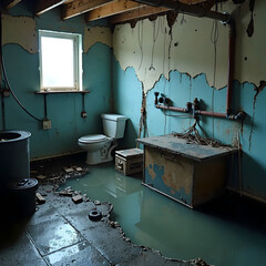 Flooded basement with standing water and damaged interior
