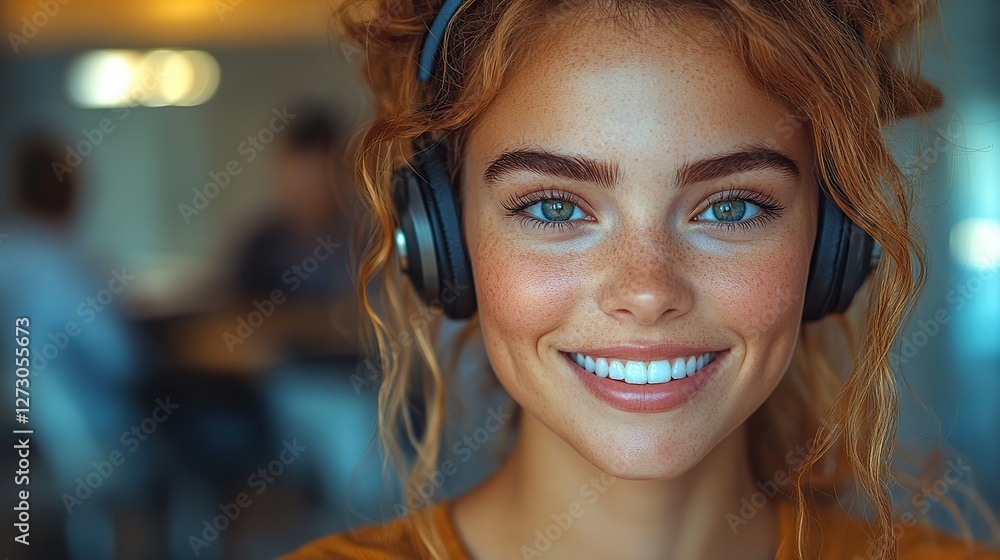 Poster smiling female customer support operator wearing headset in modern office environment with colleague