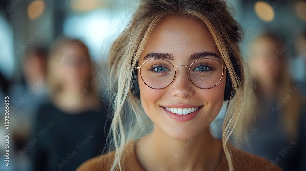 Aufkleber smiling female customer support operator wearing headset in modern office environment with colleague