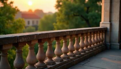 Evening light on weathered stone balcony railing, weathered, light, railing