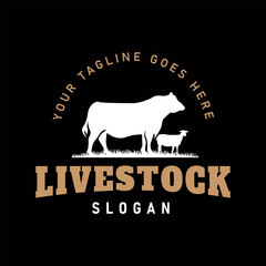 Vintage Style Logo Illustration featuring a silhouette of a cow and a goat, suitable for branding livestock, meat, dairy businesses