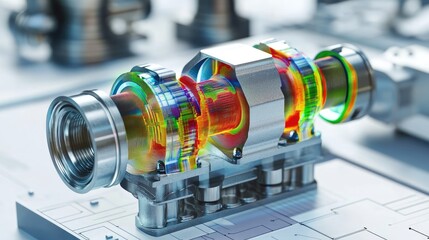Crankshaft and pistons under FEM analysis, with a color map showing stress and strain in detailed graphical form.