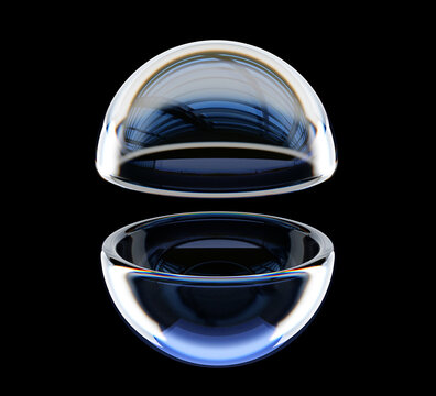 3d crystal glass transparent hemispheres with iridescent light holographic gradient. Open hollow ball cut in half sphere isolated on black background. Abstract render geometric shapes. 3D illustration