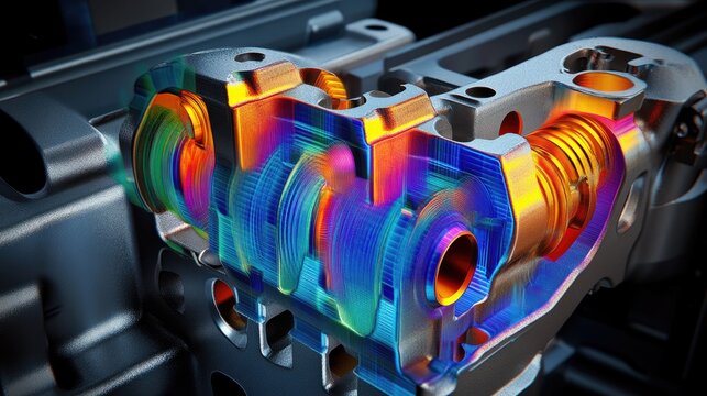 Crankshaft and pistons under FEM analysis, with a color map showing stress and strain in detailed graphical form.